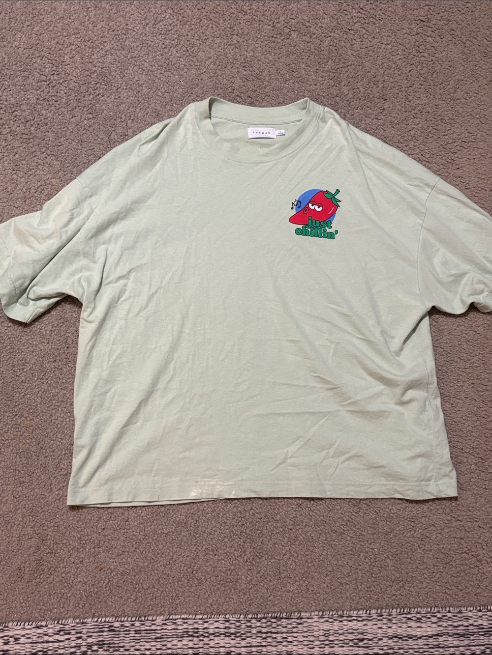 Topman Light Green Graphic Tee with Red Tomato Motif